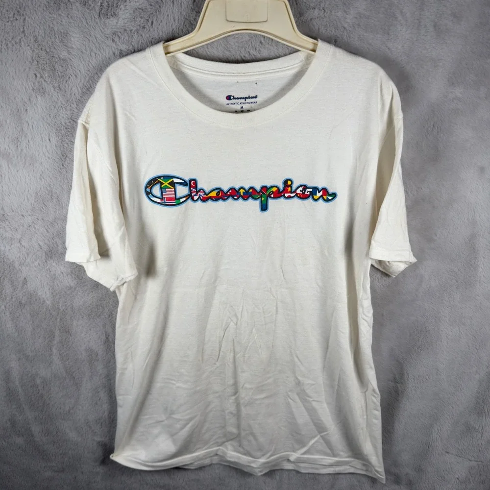 Champion Mens White International Flags Graphic T-Shirt Size Medium - Picture 1 of 5